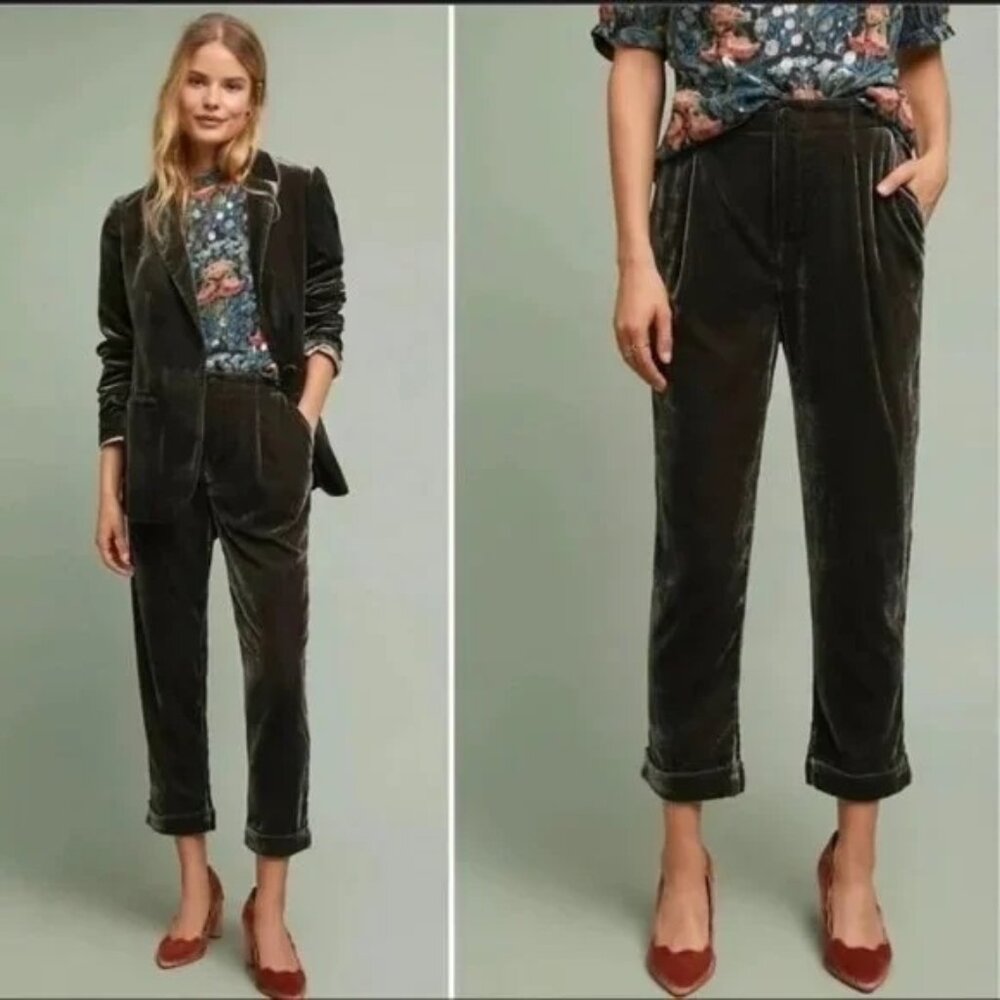 Ettitwa By Anthropologie Taupe Crushed Velvet Cropped Cuffed Pants - Size XS